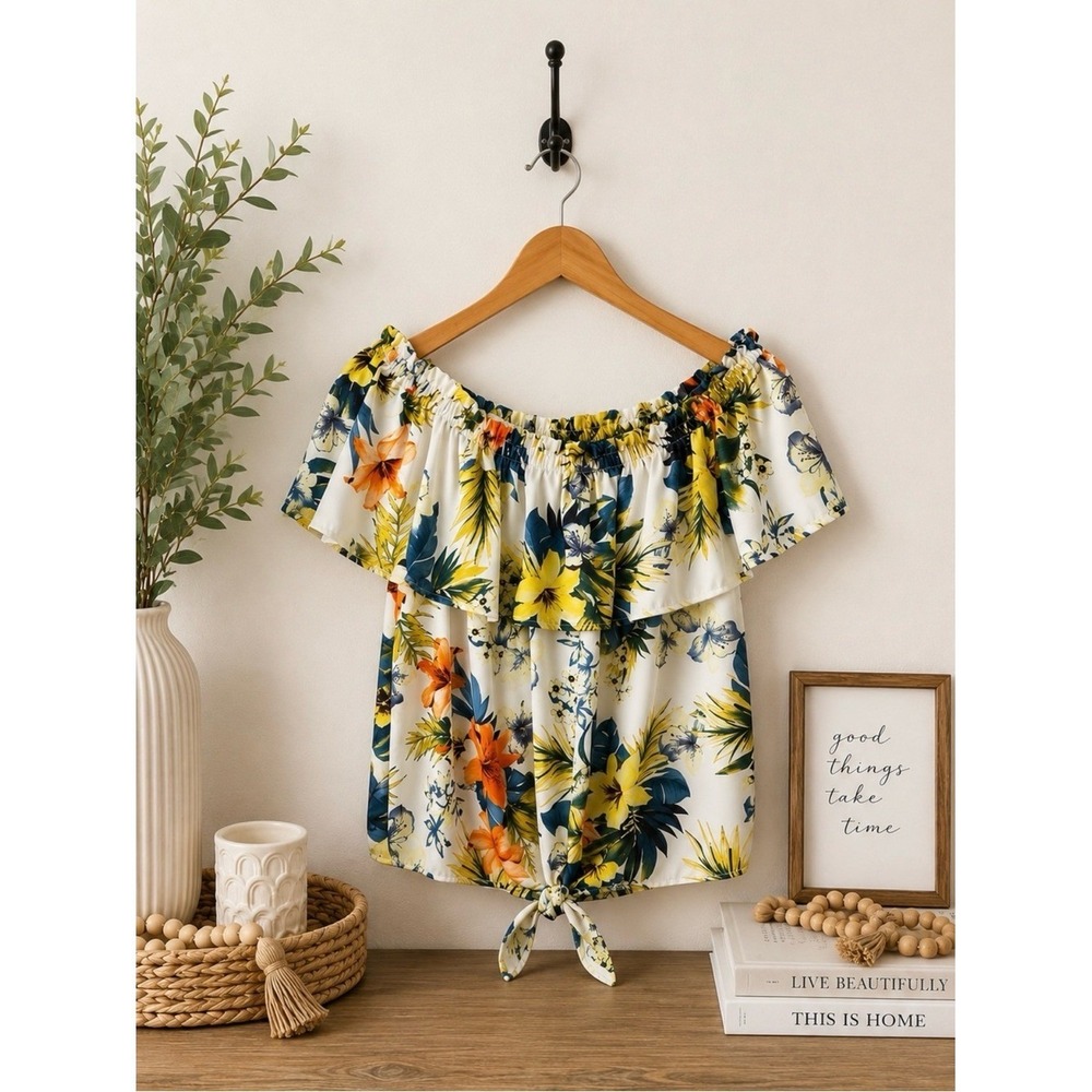 MOD Floral Off Shoulder Top Size L Tie Front Ruffle Boho Summer Blouse